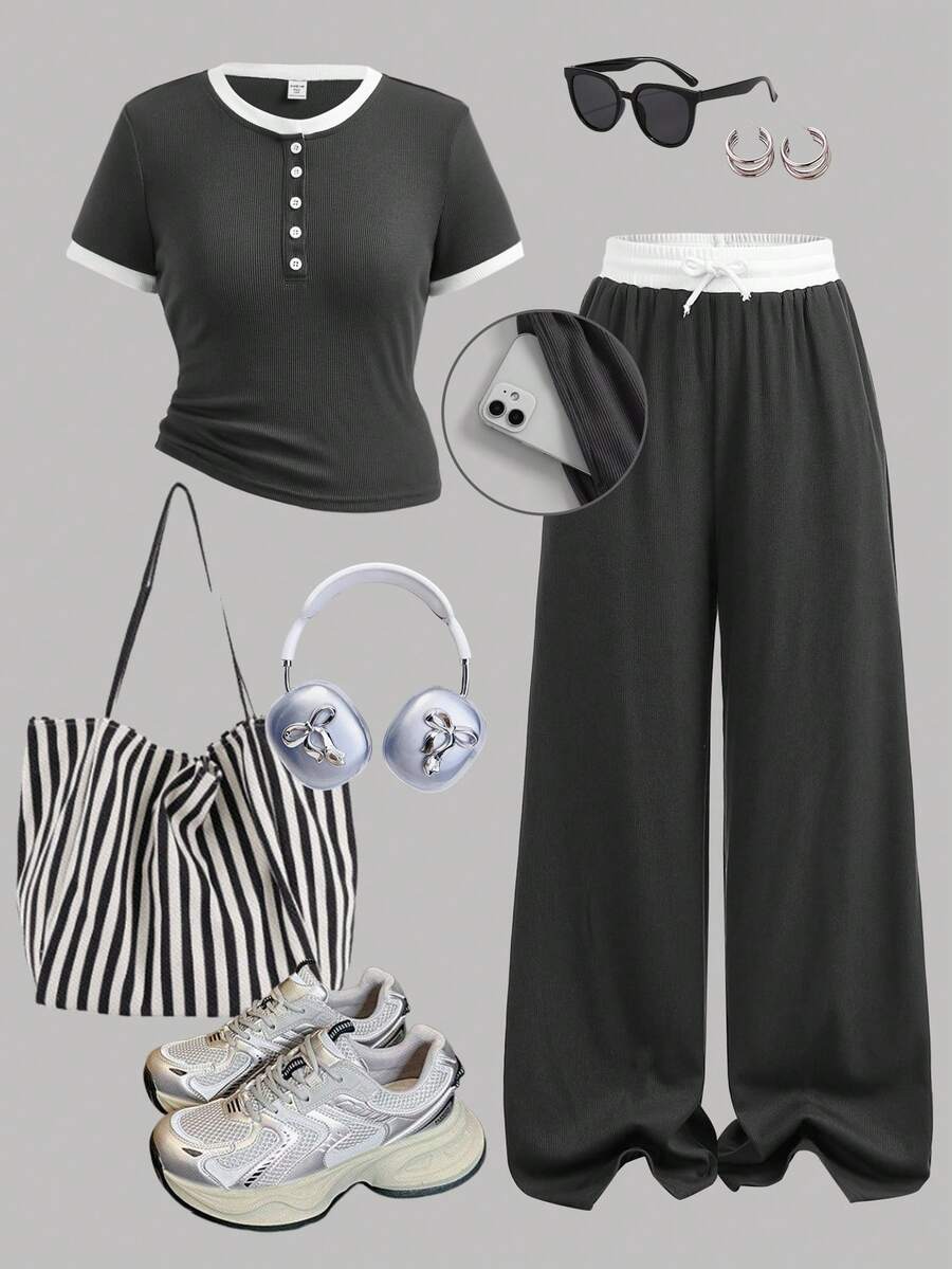 SHEIN Girlism 2件套少女春夏针织条纹撞色休闲修身基础款T恤和撞色腰部宽松口袋裤套装,少女休闲运动街头服饰,适合校园运动、返校、足球运动、户外舒适穿着。 - 深灰色 - 查看 1