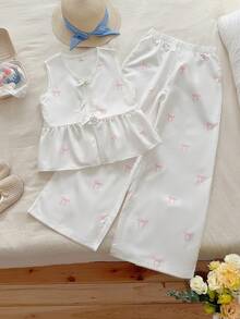 Vintaside Kids 2件套女童可爱蝴蝶结装饰无袖上衣和松紧腰裤套装