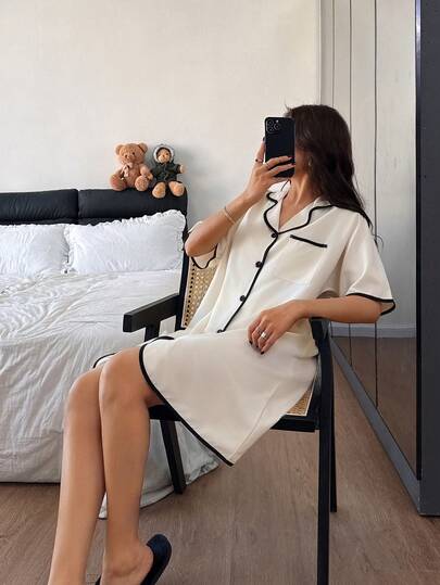 Dream Adore Vestido camisero de manga corta con cuello y bolsillo de color contrastante para mujer