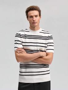 Officeau Promotion Men's Casual Colorblock Striped Short Sleeve Knit Top, Versatile For Daily Wear, Spring/Summer Spring To Summer - Multicolor - View 4