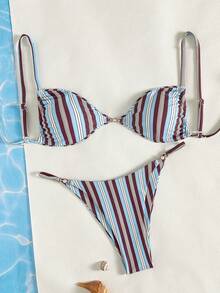 Swim Mod Bộ 2 món bikini họa tiết hoa nhí, cài ngọc trai bên hông, buộc dây phía trước, cạp cao, thích hợp cho nữ, bikini kẻ sọc đi biển, bộ bikini thường ngày, bikini kín đáo cho kỳ nghỉ, đồ bơi kiểu phương Tây cho nữ. - Nhiều màu - Xem 2