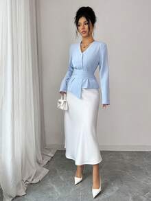 Rafferiza Camicia elegante da donna azzurra per l'autunno, maniche lunghe, scollo a V, vita plissettata con cintura, raffinata per ufficio, pendolarismo e appuntamenti - Blu - Visualizzare 6