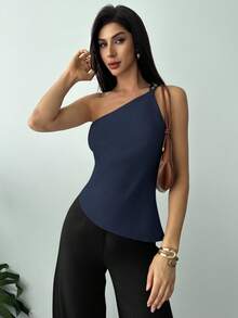 Firerie 新款优雅杏色亚麻不对称下摆褶皱腰部露背休闲衬衫，春夏款 - 藏蓝色 - 查看 4