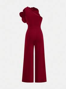 SHEIN Nova Glow 少女休闲优雅红色不对称肩部修身简约3D立体花卉装饰连体裤，适合派对、聚会、婚礼、春夏等场合。 - 酒紅色 - 查看 2