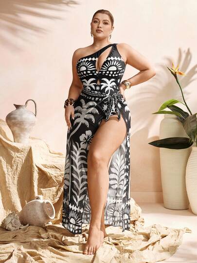 Swim Oasis Conjunto de traje de baño de una pieza con estampado tropical sexy para vacaciones en la playa para mujer de talla grande, con pecho calado y falda pareo con lazo