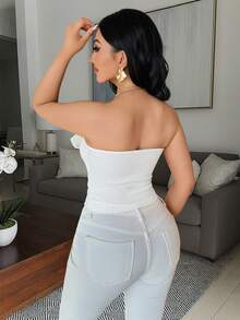 Vavine 女士优雅蝴蝶结露脐吊带背心，简约纯色修身夏季款 - 白色 - 查看 2