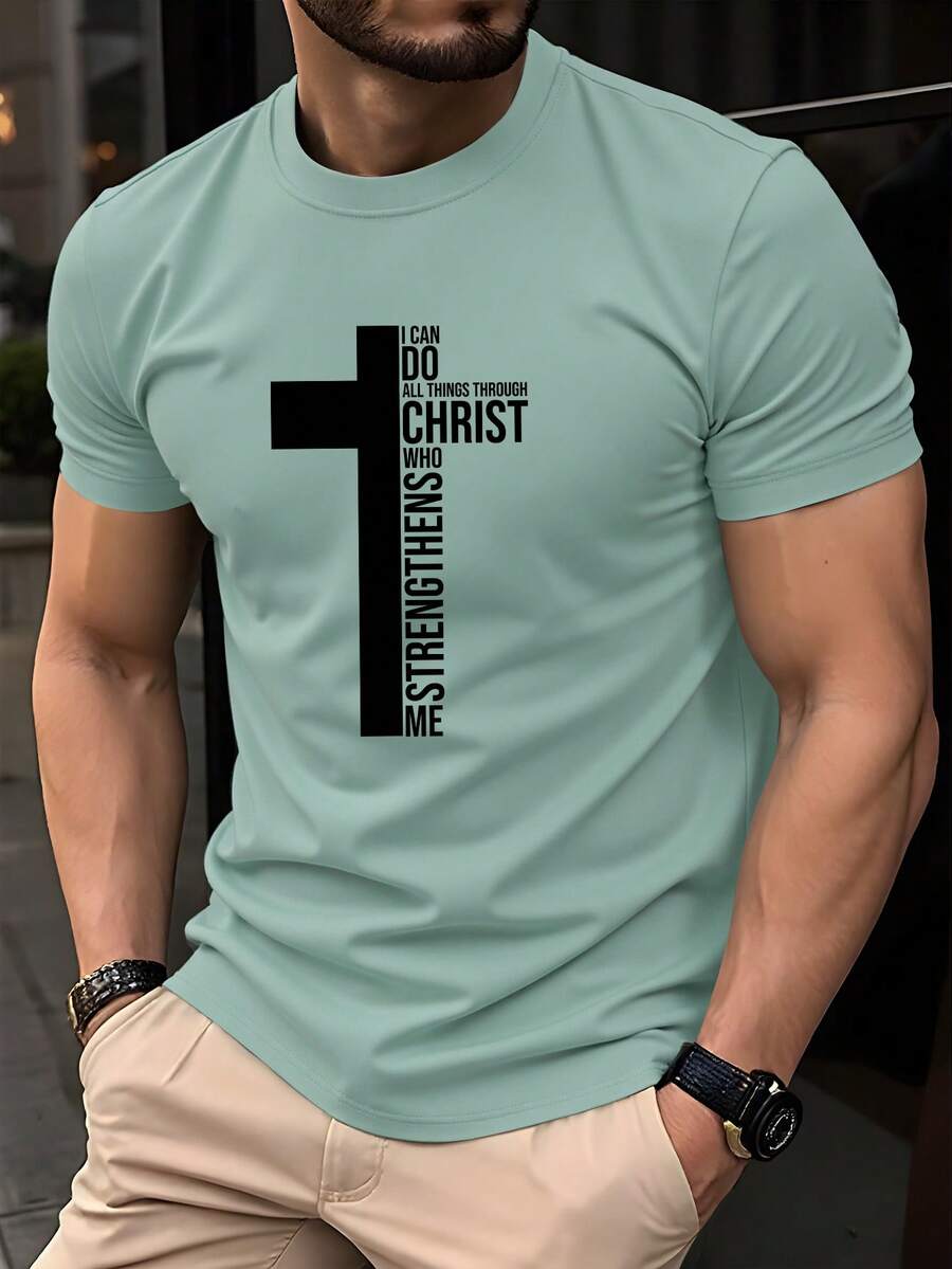 Manfinity Homme Plus Size Men's Round Neck Letter Print Casual Versatile Commute Short Sleeve T-Shirt - Mint Green - View 1