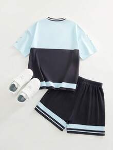 TOM & JERRY X SHEIN Tween Girl Casual Colorblock Cartoon Print V-Neck T-Shirt And Shorts Set, Summer - Black - View 2