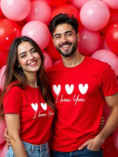 Manfinity Homme 1pc Men's Romantic Heart Graphic Short Sleeve T-Shirt, Couple Matching, Summer Couple Tshirt Couple Twinning Outfits