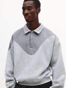 SUMWON Oversized Color Block Long Sleeve Crew Neck Sweatshirt With Layered Collar Design Winter Pullover Plain - Grey - View 5