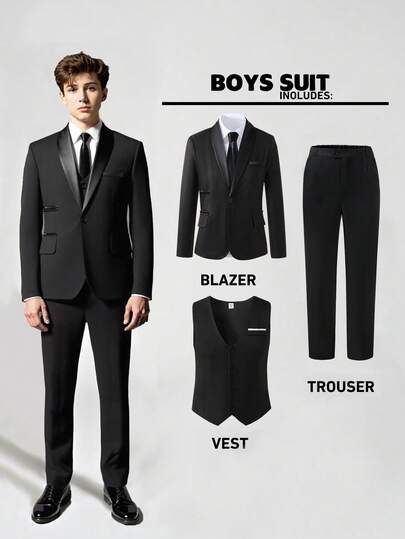 SHEIN 3pcs Teen Boy Gentleman Suit Set - Sophisticated Black Lapel Blazer + Slim Fit Vest + Elegant Trousers, High-End Formal Suit Set Suitable For Birthday Party, Prom, Wedding, Graduation Ceremony Fall Winter