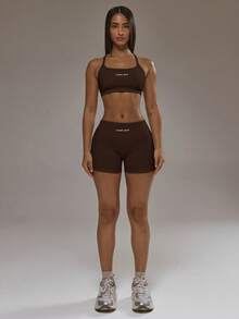 Musera Sport 交叉背带运动文胸和提臀紧身裤套装 板式网球冬季运动服 运动健身房锻炼套装 健身套装 - 巧克力棕 - 查看 5