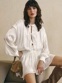 Cévolie White Lace-Up Lantern Sleeve Top & Ruffled Hem Midi Dress Set - White - View 4