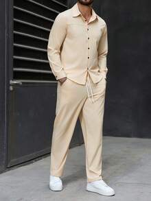 Manfinity CasualCool Bộ đồ nam thường ngày gồm áo sơ mi dài tay màu trơn và quần dài có dây rút ở eo, thích hợp cho việc đi làm hàng ngày vào mùa xuân và mùa thu. - Màu be - Xem 4