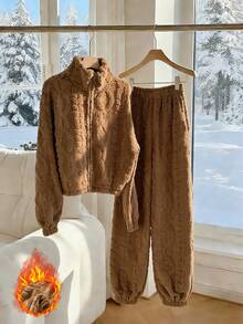 Franclia 休闲拉链上衣和裤子家居服套装 - 駝色 - 查看 1