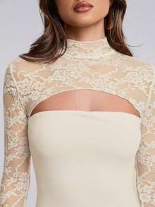 SHEIN BAE Áo kiểu nữ thanh lịch, ôm dáng, phối ren hoa, khoét lỗ. - Màu be - Xem 6