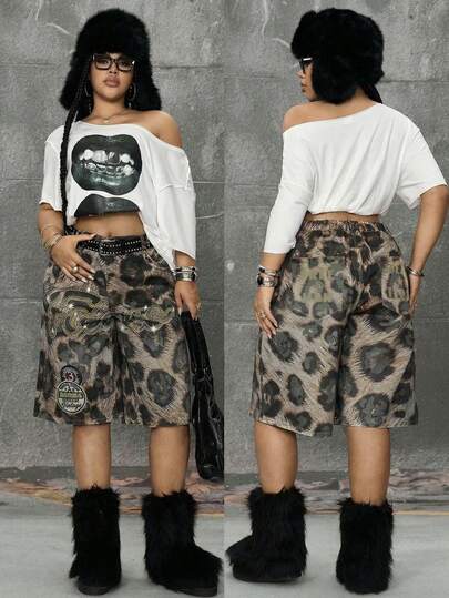 Grunge Punk Pantaloncini di jeans casual da donna taglie forti con stampa leopardata e applicazioni di strass con tasche