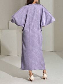 DAZY 女士优雅度假风V领扭结前襟蝙蝠袖宽松长连衣裙，春夏吊带裙 - Bold Plum - 查看 3