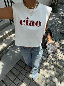 Siren Gaze Women's Casual Minimalist Leopard Print CIAO Letter Graphic Round Neck Cropped Sleeveless Tank Top, Suitable For Summer Spring - White - View 3