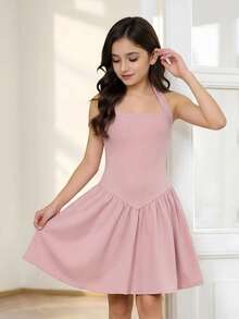 Firerie Kids Firerie Kids Tween Girls Casual Elegant Knit Spaghetti Strap Snug Fit Ruffle A-Line Mini Dress, Suitable For Party, Outing, Back To School Outfit - Dusty Pink - View 3