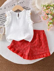 SHEIN Elladie kids 女童（小号）针织提花象牙色荷叶边背心上衣和红色荷叶边短裤套装，可爱迷人的宝宝夏季服装 - 紅色 - 查看 2