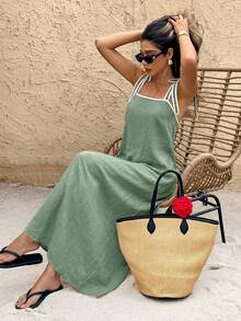 SHEIN Frenchy 女士夏季休闲度假风撞色滚边打结吊带连衣裙 - 綠色 - 查看 6