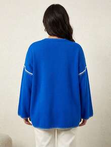 Plus Size Round Neck Casual Contrast Trim Drop Shoulder Sweater - Royal Blue - View 2