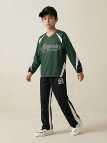 Casuvi Kids Tween Boy Color Block Letter Print Casual Loose Fit Long Sleeve T-Shirt - Green - View 12