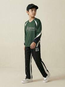 Casuvi Kids Tween Boy Color Block Letter Print Casual Loose Fit Long Sleeve T-Shirt - Green - View 4