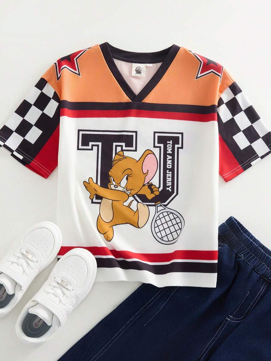 TOM & JERRY X SHEIN Tween Boy Casual Contrast Color Cartoon Graphic Checker Panel V-Neck Short Sleeve T-Shirt, Summer - Multicolor - View 1