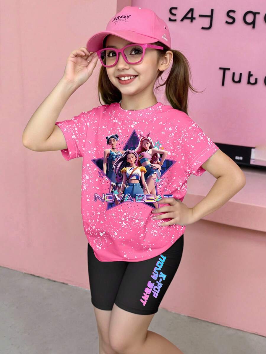 2件套女童休闲时尚创意个性清新可爱简约虚拟少女组合彩色星星水滴图案字母印花短T恤和骑行短裤套装，舒适温暖的夏季款式，适合春季、夏季、日常运动和外出，百搭撞色搭配，适合女孩居家、旅行和所有季节，粉色T恤和黑色短裤女童星星图案上衣 - 彩色 - 查看 1
