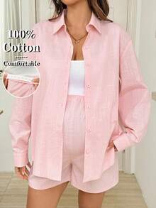 SHEIN 2pcs Maternity Casual Solid Color Shirt & Shorts Set 2 Piece Linen Sets Woman Linen Outfit Co Ords Sets Women Pink Shirt Women 100 Cotton Women Clothing Valentine's Day - Pink - View 1