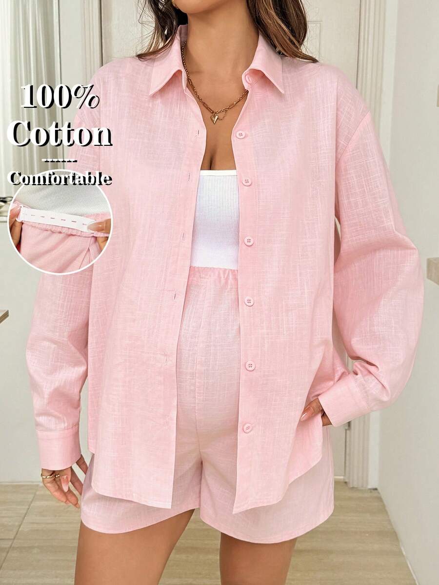 SHEIN 2pcs Maternity Casual Solid Color Shirt & Shorts Set 2 Piece Linen Sets Woman Linen Outfit Co Ords Sets Women Pink Shirt Women 100 Cotton Women Clothing Valentine's Day - Pink - View 1