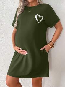 SHEIN Pregnant Women's Casual Everyday Commute Heart Print Loose Pocket Dress, Summer Tshirt Dress Women Maternity Dress Casual Heart Dress Olive Dress - Dark Green - View 1