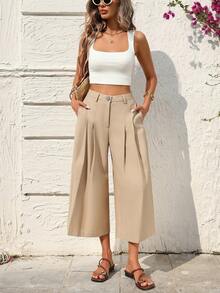 SHEIN Holidaya Women's Casual Linen Capri Pants, Suitable For Leisure, Beach, And Home Wear,Women's Khaki Cropped Trousers,Zipper Details,Casual Solid Color Long Dress,Beach Vacation Capri Pants,Summer Trousers,Office Attire,Women's Casual Commuter Simple Cropped Pants,Women's Casual Commuter Simple Cropped Pants - Khaki - View 2