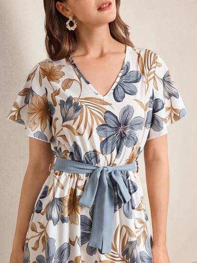 Miaspire Women's Floral Print V-Neck Ruffle Sleeve Elegant Dress