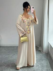 Yasmyna 女士彩色花卉亮片拼接宽松优雅阿拉伯风格连衣裙 - 彩色 - 查看 3