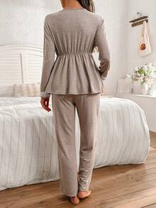Moonlight&Mama Maternity Lace Patchwork V-Neck Cinched Waist Long Sleeve Pajama Set - Mocha Brown - View 2