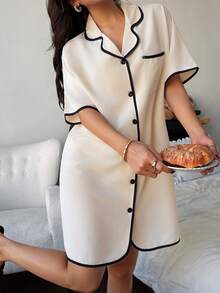 Dream Adore Đầm sơ mi tay ngắn cổ phối màu tương phản dành cho nữ - Màu be - Xem 6