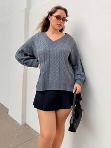 Nezia Cruz Plus kabelstickad Drop Shoulder-tröja, vinter - Grå - Visa 1