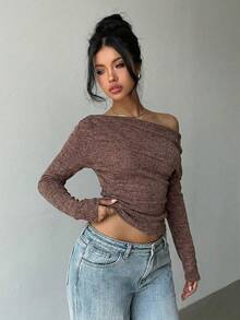 Aloruh T-shirt asymétrique décontracté pour femmes, t-shirt à nœud torsadé de couleur unie pour les déplacements quotidiens et le port à la maison, t-shirt en maille à manches longues - Tabac - Voir 5