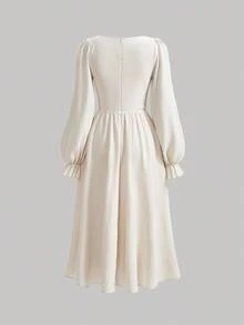 SHEIN Serisse Kids Nova Glow 少女撞色拼接腰部褶皱胸部可调节肩带前褶皱长袖方领中长连衣裙，适合居家和户外活动，秋冬季节，波西米亚风格 - 粉色 - 查看 2