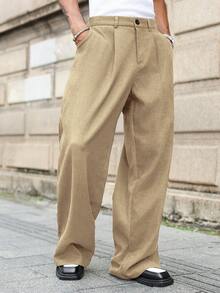 Manfinity Roghcode Plus Size Men's Casual Solid Color Wide Leg Pants - Khaki - View 3