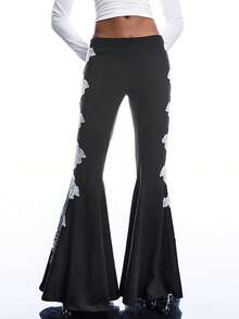 LYSMO Quần ống loe ren tương phản cỡ lớn dành cho nữ, quần ống rộng đa năng kiểu Gothic, quần ống loe cho nữ, quần legging ống loe độc đáo cho nữ. - Đen và trắng - Xem 3