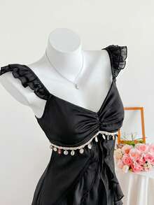 Comfortcana 女士黑色褶裥下摆拼接优雅长款婚纱 - 黑色 - 查看 4