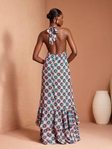 JIAN LASALA 全身印花露背系带多层女士长裙，适合度假、休闲、海滩、婚礼宾客穿着。 - 彩色 - 查看 2