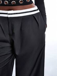SHEIN EZwear 大码夏季撞色口袋休闲阔腿裤，适合毕业季、返校季、教师装扮，高腰阔腿裤，秋冬季商务休闲女装。 - 黑色 - 查看 6