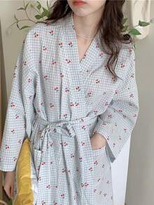 女士轻薄长袖睡袍 - 格纹印花和服式家居服，春秋季简约可爱家居服，柔软舒适的浴袍，助您放松身心，尽享惬意时光 - 藍色 - 查看 4