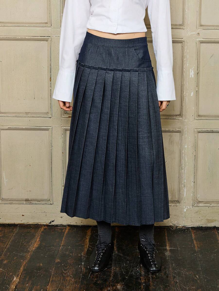 COUREZ PVL面料百褶中长裙/Y2K秋冬女装裙装可爱外出派对装扮新年装扮低腰百褶裙 - 藍色 - 查看 1