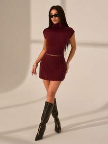 SHEIN PETITE Autumn/Winter New High Collar Knit Top + Knitted Blend Midi Skirt 2-Piece Set For Women - Burgundy - View 5